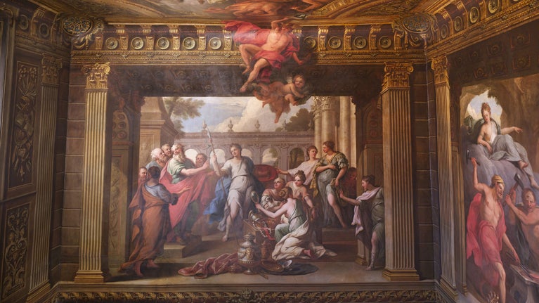 Oil painting on plaster and wooden laths, The Life of Achilles by Sir James Thornhill (Melcombe Regis 1675 - Stalbridge 1734), signed, 1710. Great Staircase wall painting by Sir James Thornhill. The ceiling depicts an Assembly of the Gods including Zeus (Jupiter), Aphrodite (Venus), Dionysus (Bacchus), Athene (Minerva), Cronus, the Furies, and Hermes (Mercury) descending to the human world below the cornice
